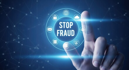 Stopping digital fraud concept presented with a finger touching the screen in a futuristic style interface