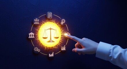 Legal Services Concept with Scales of Justice on Futuristic Interface and Hand Interaction, Dark Background