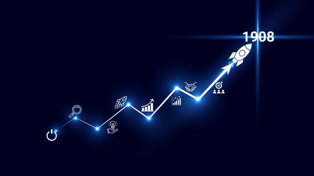 Futuristic business growth concept time line with glowing icons, upward chart, and rocket launch symbolizing financial success and innovation in 1908.Modern blue digital grid background