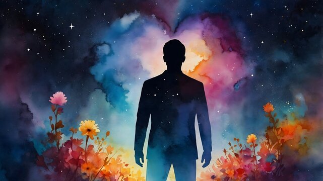 Silueta humana frente a explosi&oacute;n de colores c&oacute;smicos y florales en escena simb&oacute;lica de transformaci&oacute;n interior