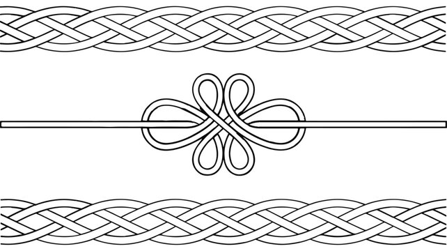 Set of three celtic knotwork borders and a decorative knot divider line, black and white line art illustration