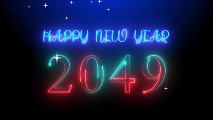 Futuristic Glowing Neon Light Happy New Year 2049 Text. The Falling Snow Star on Dark Background. Bright and Colorful Neon 2049 Happy New Year Greetings.