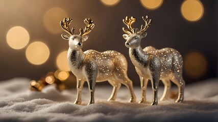 Obraz premium Figuras decorativas de renos dorados con acabado brillante y fondo bokeh cálido en ambiente navideño