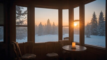 Fototapeta premium Interior acogedor con vistas a paisaje nevado al amanecer y vela encendida junto a la ventana