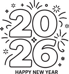 2026 happy new year line art design