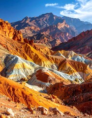 Colorful stratified mountain landscape under a bright blue sky