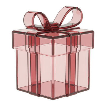 A modern transparent pink glass gift box with a delicate bow, isolated on black background