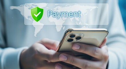 Secure Online Payment via Mobile Device: Shield Icon Guaranteeing Safe Transactions with a Digital World Map