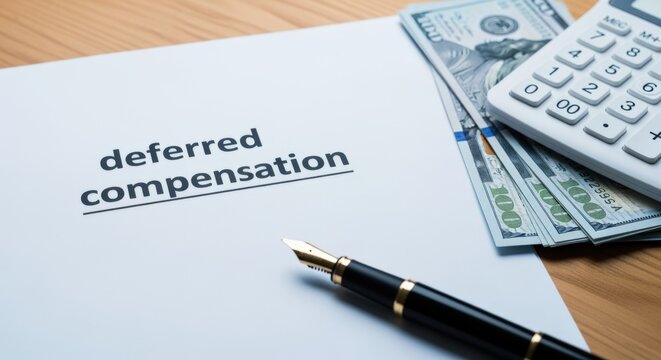 Deferred Compensation Agreement Document with Pen, Calculator and Money on Wooden Desk for Financial Planning