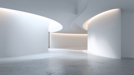 Obraz premium Modern White Interior with Curved Walls and Natural Light, Architectural Design and Minimalist Aesthetic