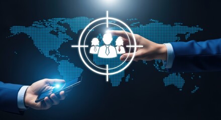 Targeting Global Audience with Technology: Hands Pointing to Digital Target over World Map Background