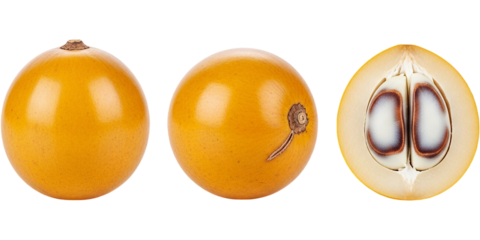 Orange tropical fruit shown whole and sliced revealing smooth skin juicy flesh and distinctive double seed cross section ideal for botanical reference healthy food visuals and premium stock imagery