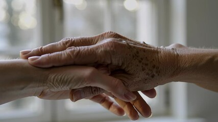 Caucasian young woman and elderly woman exchanging gentle touch, symbolizing care and support across generations.