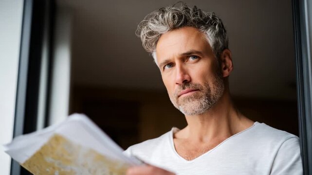 A contemplative man with curly hair gazes thoughtfully while holding a stack of papers, reflecting on the contents, standing near a window, with soft natural light illuminating the scene