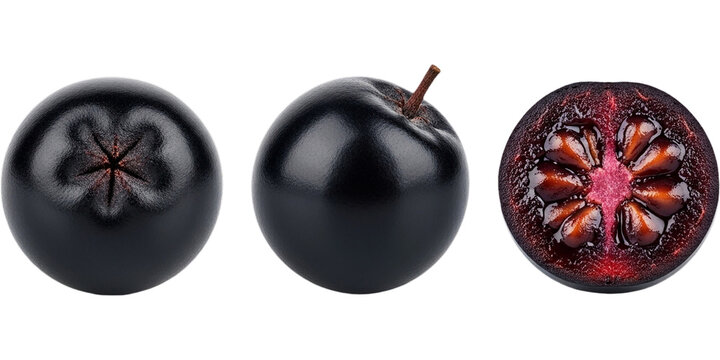 Dark tropical fruit displayed whole and in detailed cross section revealing glossy black skin rich deep red flesh and natural seed pattern ideal for botanical reference exotic produce visuals and prem