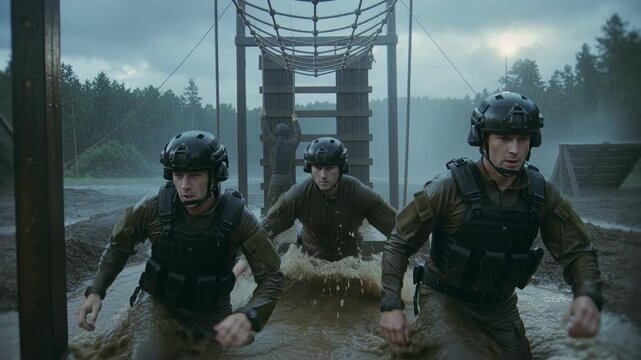 Group of men in tactical gear with helmets running across muddy water obstacles during a military training exercise in challenging weather