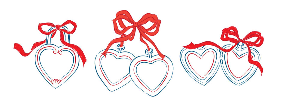 Whimsical heart locket with ribbons, Drawing romantic heart pendant shaped wedding illustration, Valentines day Romantic element for invitations, greeting cards, scrapbooking, sticker, decorative etc.