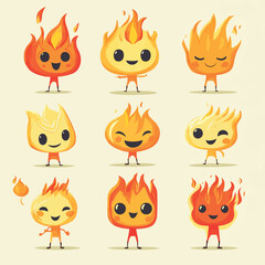 Set of groovy fire characters in retro style. Flat vector illustration. , vector style simple color