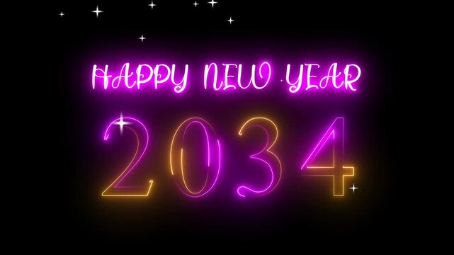 Futuristic Glowing Neon Light Happy New Year 2034 Text. The Falling Snow Star on Dark Background. Bright and Colorful Neon 2034 Happy New Year Greetings.