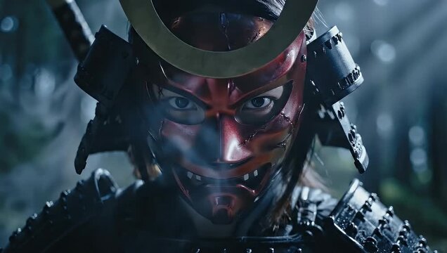 Intense samurai warrior wearing a traditional red oni mask and full armor poised for battle in a dark atmospheric forest setting a symbol of strength and ancient Japanese culture