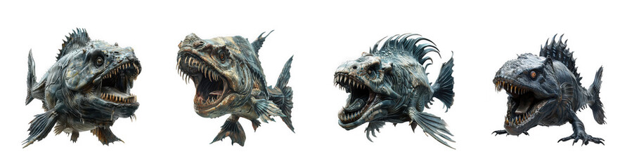 Fototapeta premium Detailed depictions of four aggressive piranhas with sharp teeth showcasing varying angles on transparent background high quality