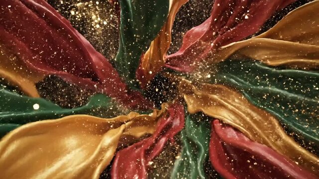 Abstract swirling fabric ribbons in panafrican colors green, red, and gold with golden glitter explosion on black background
