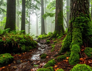 Damp trail winds through a misty forest with moss-covered trees