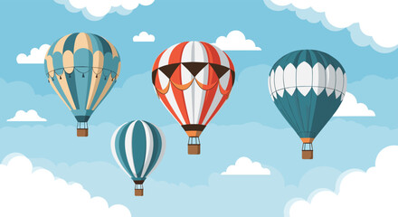 Naklejka premium Scenic illustration of four colorful vintage hot air balloons floating peacefully among the clouds in a bright blue summer sky.