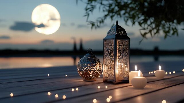 Lanterns glow softly by the water's edge as the full moon illuminates the night sky. This moment captures the spirit of various Islamic holidays, including Eid al-Fitr and Laylat al-Qadr