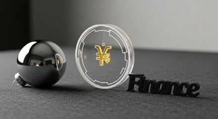 Futuristic Glowing Digital Currency Coin and "Finance" Concept Word on Dark Felt