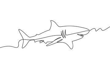 Obraz premium A single continuous line a shark is swimming in the deep sea. one line drawn. linear concept. Editable stroke.
