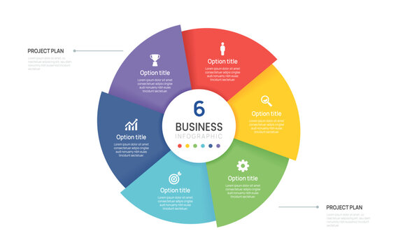 Vector infographic label design with business circle infographic template design 6 options steps. Can be used for process diagram, workflow layout, banner, flow chart presentations.