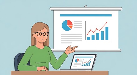 Businesswoman presenting financial data on a projector screen with charts and graphs.