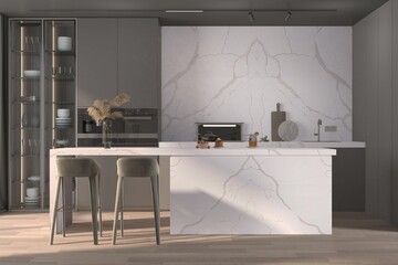 kitchen interior with white bar island on hardwood floor, Top view. Panoramic window on tropics. 3D Rendering
