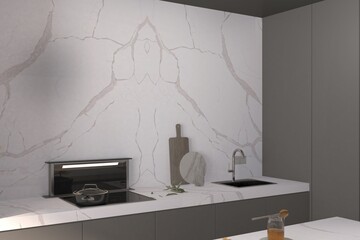 Closeup view of kitchen countertop. Bright interior with marble flooring, and cozy furniture. 3D Illustrations. Mockup. 3D Rendering