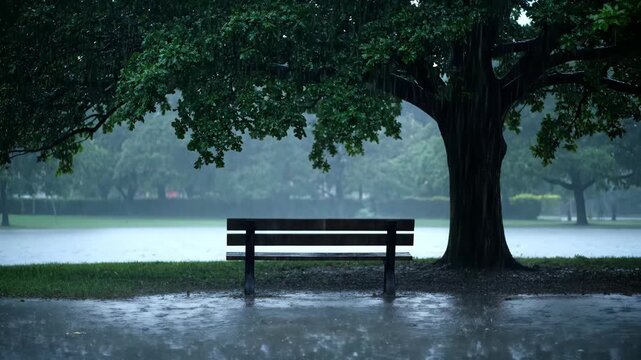 Empty bench under tree during rain in a park on a gloomy day.