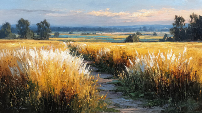 Field with grass and trees near walking path with watercolor style