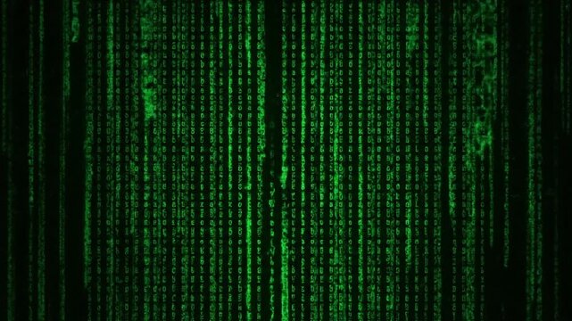 A futuristic black and green binary code pattern background provides an abstract backdrop of flowing digital technology and data communication