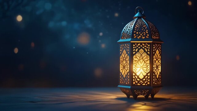 Ramadan background video, traditional lantern glowing softly in dark blue night atmosphere