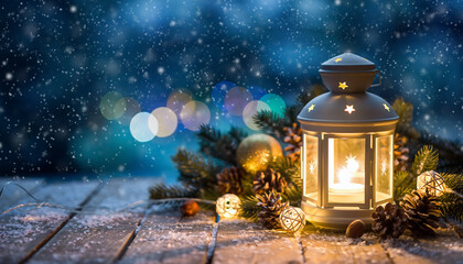 Glowing lantern on snowy wooden surface with pinecones and holiday decorations