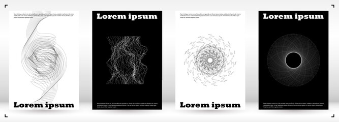 Set of Minimal Vector Flyer Design with Circles and Wave Lines. Minimalistic Background with Motion Lines. Good for Business Template or Concert Brochure. Digital Style.