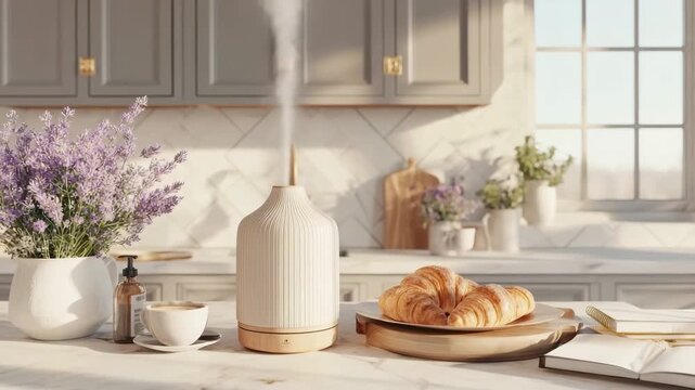 Cozy morning kitchen scene with croissants, coffee, and lavender decor. Peaceful morning setup with breakfast, planner, lavender diffuser, cozy home atmosphere