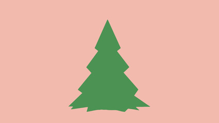 A green triangular pine tree silhouette on a soft pastel pink background