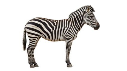 Standing zebra portrait - black and white stripes on white background