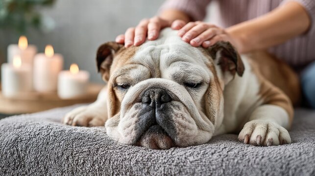 A relaxed English bulldog being petted on the head with candles in the background.