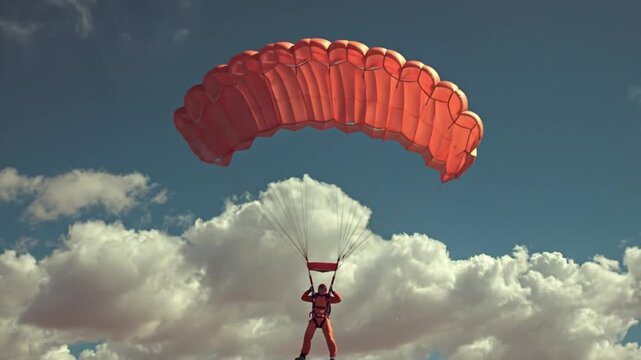 A lone skydiver descends under a vibrant red parachute against a backdrop of white clouds and a blue sky