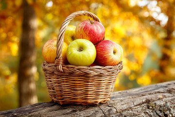 Gathering ripe apples in a wicker basket during a sunny autumn day Generative AI
