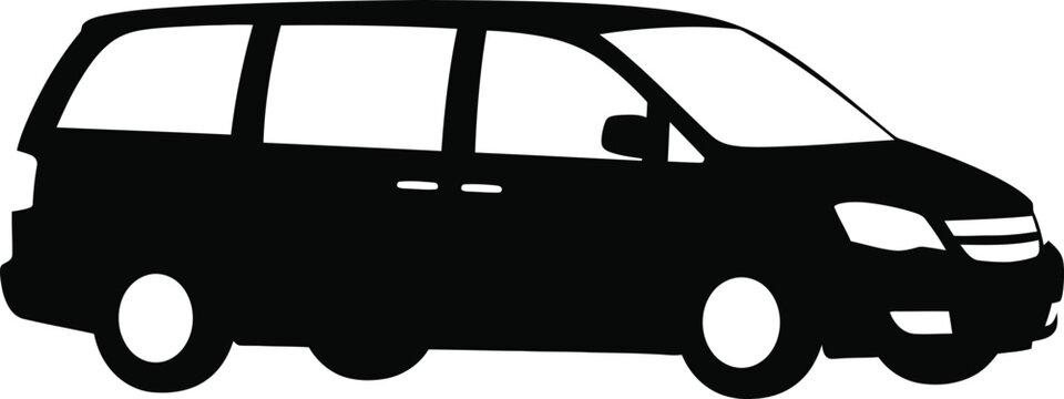 Black silhouette of a minivan side view, isolated on white background