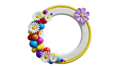 Floral Circle Frame with Daisies and Colorful Balls on White Background