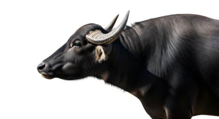 Majestic water buffalo profile portrait with curved horns against a stark for design